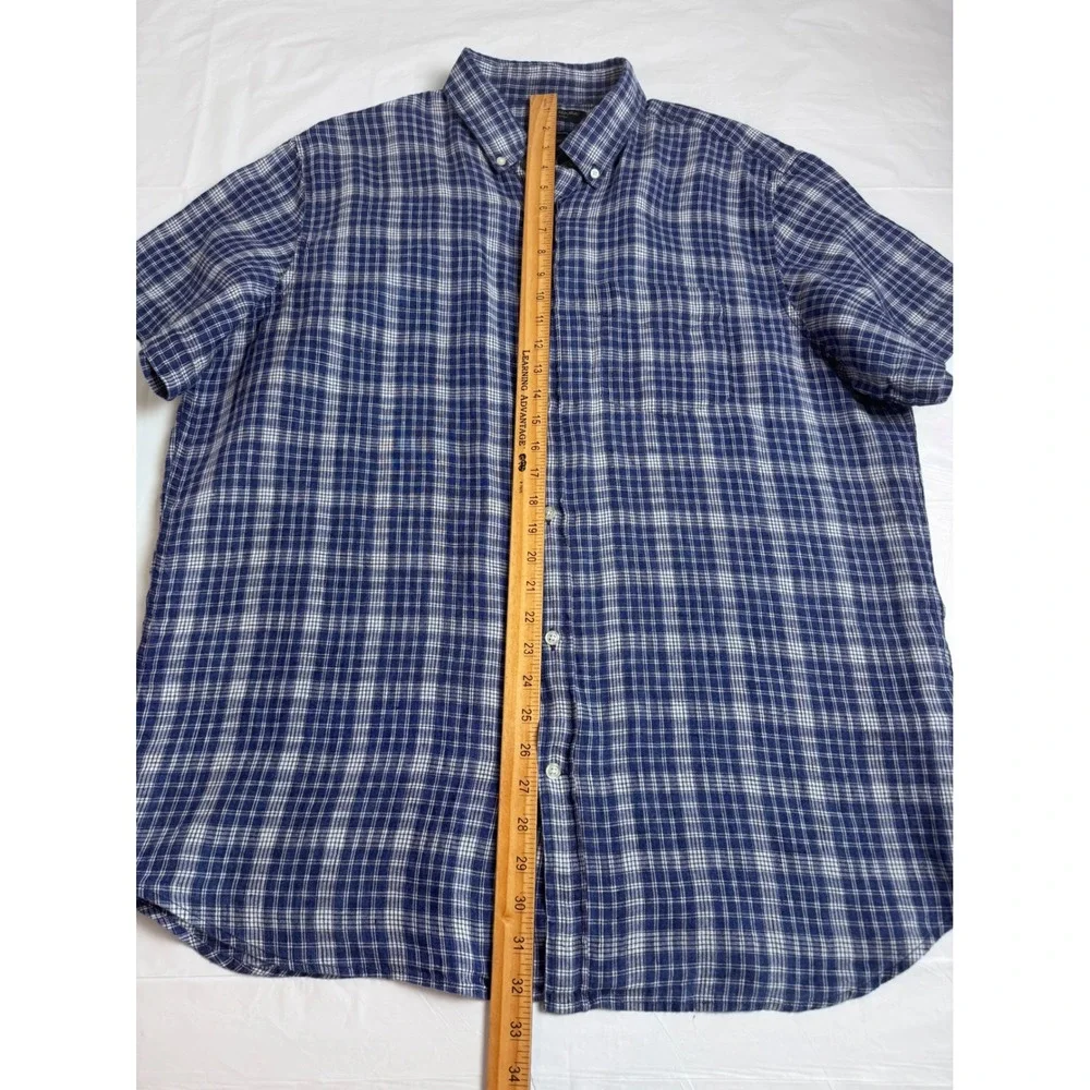 Banana Republic Mens XL Blue Plaid 100% Linen Short Sleeve Shirt Camden Fit